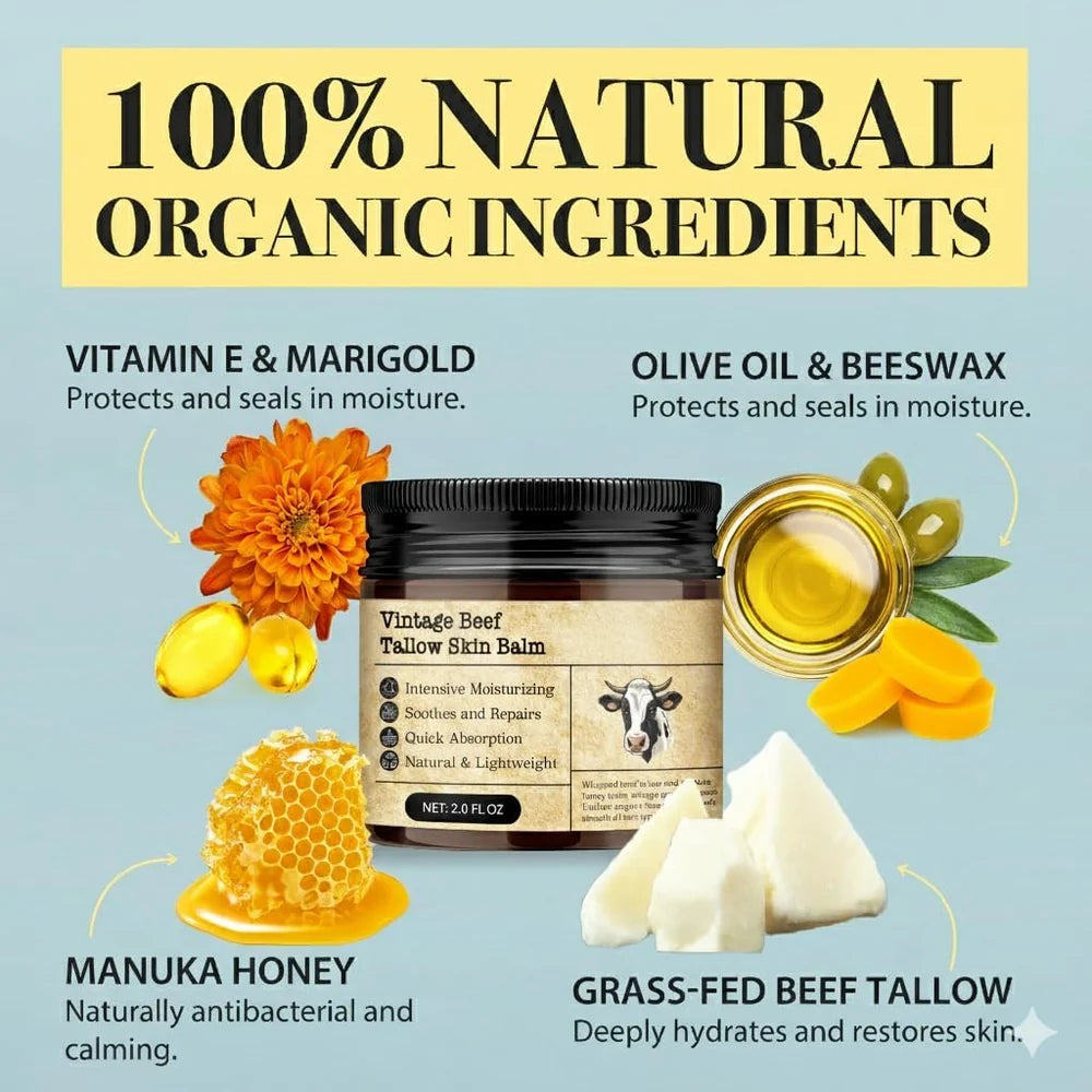 Beef Tallow Honey Balm – 100% Organic Grass-Fed Vintage Tallow Moisturizer